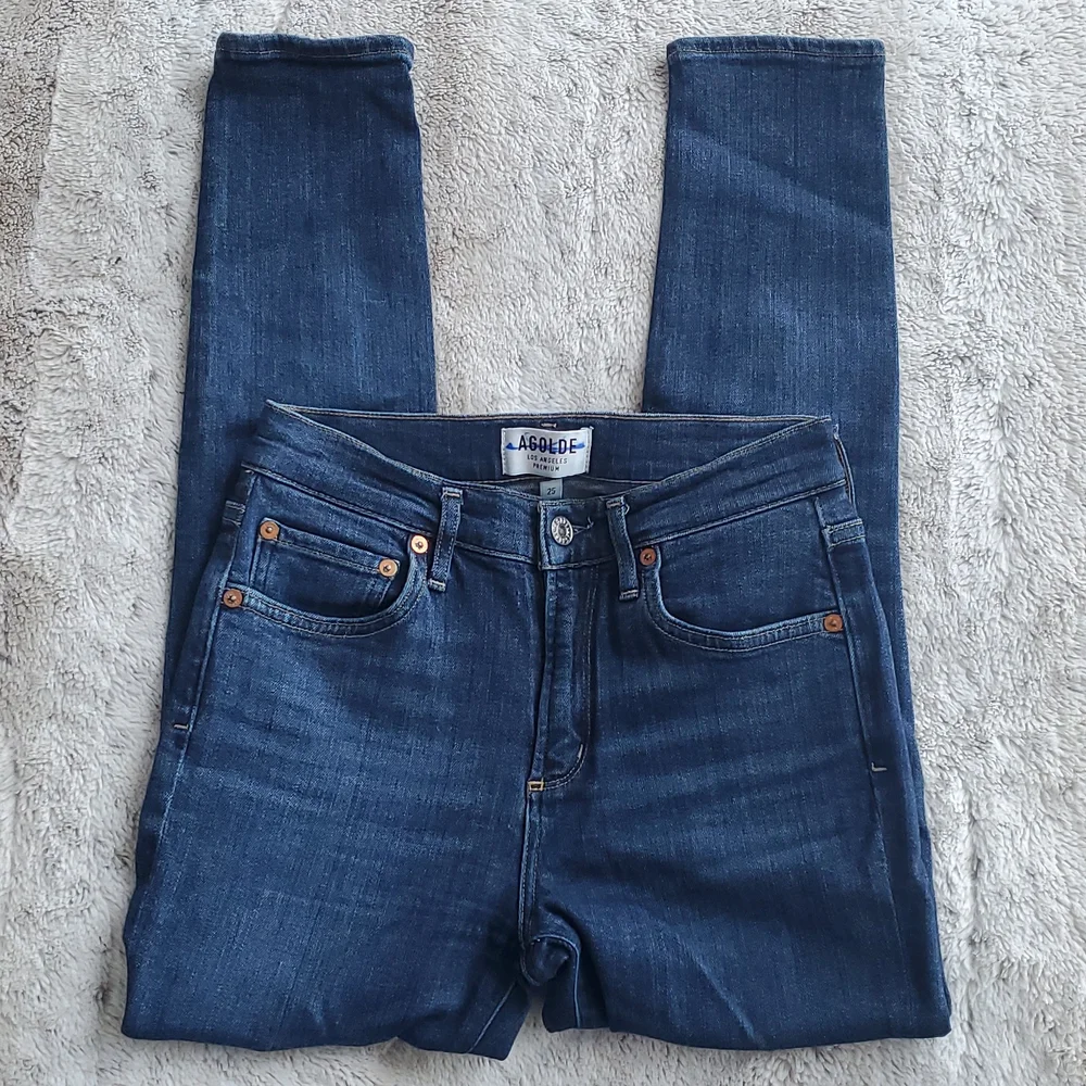 Agolde Dark Medium Wash Mid Rise Skinny Blue Jeans Size 25 Waist 25 Inches - Picture 2 of 6